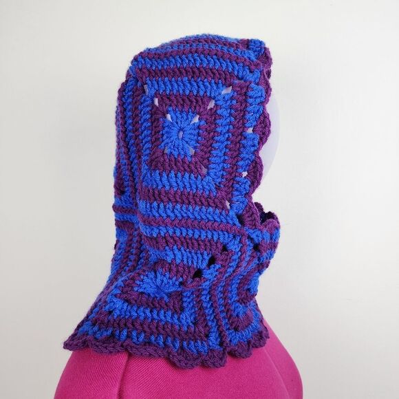 New Crochet Handmade Balaclava Granny Square Blue Purple Scalloped Edges - Picture 10 of 16